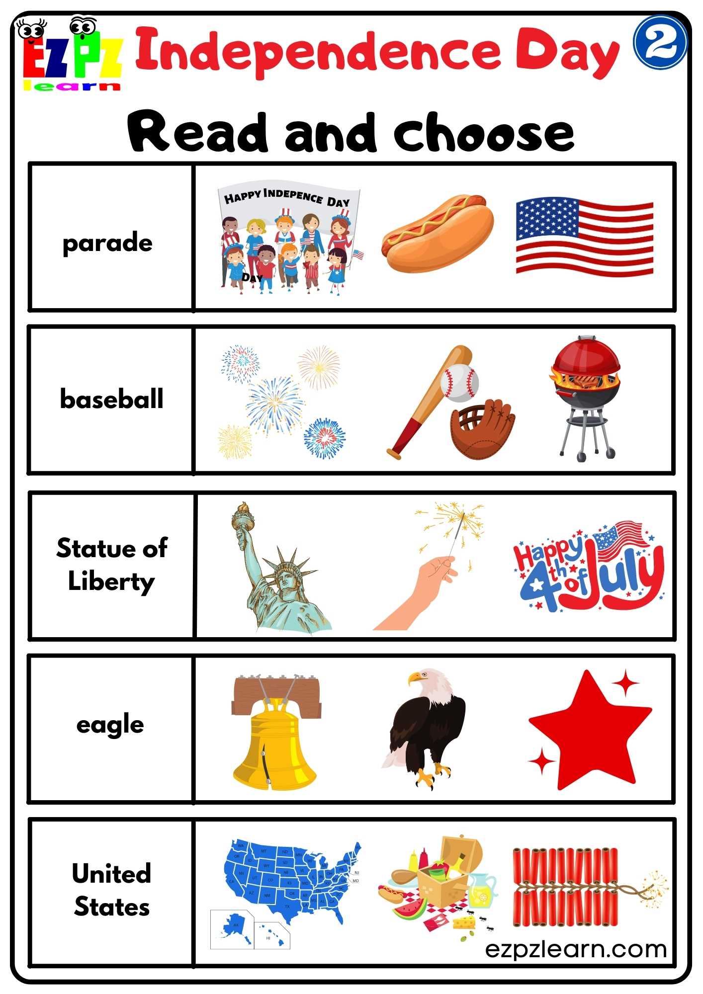 Read and Choose Worksheet for Independence Day Group 2